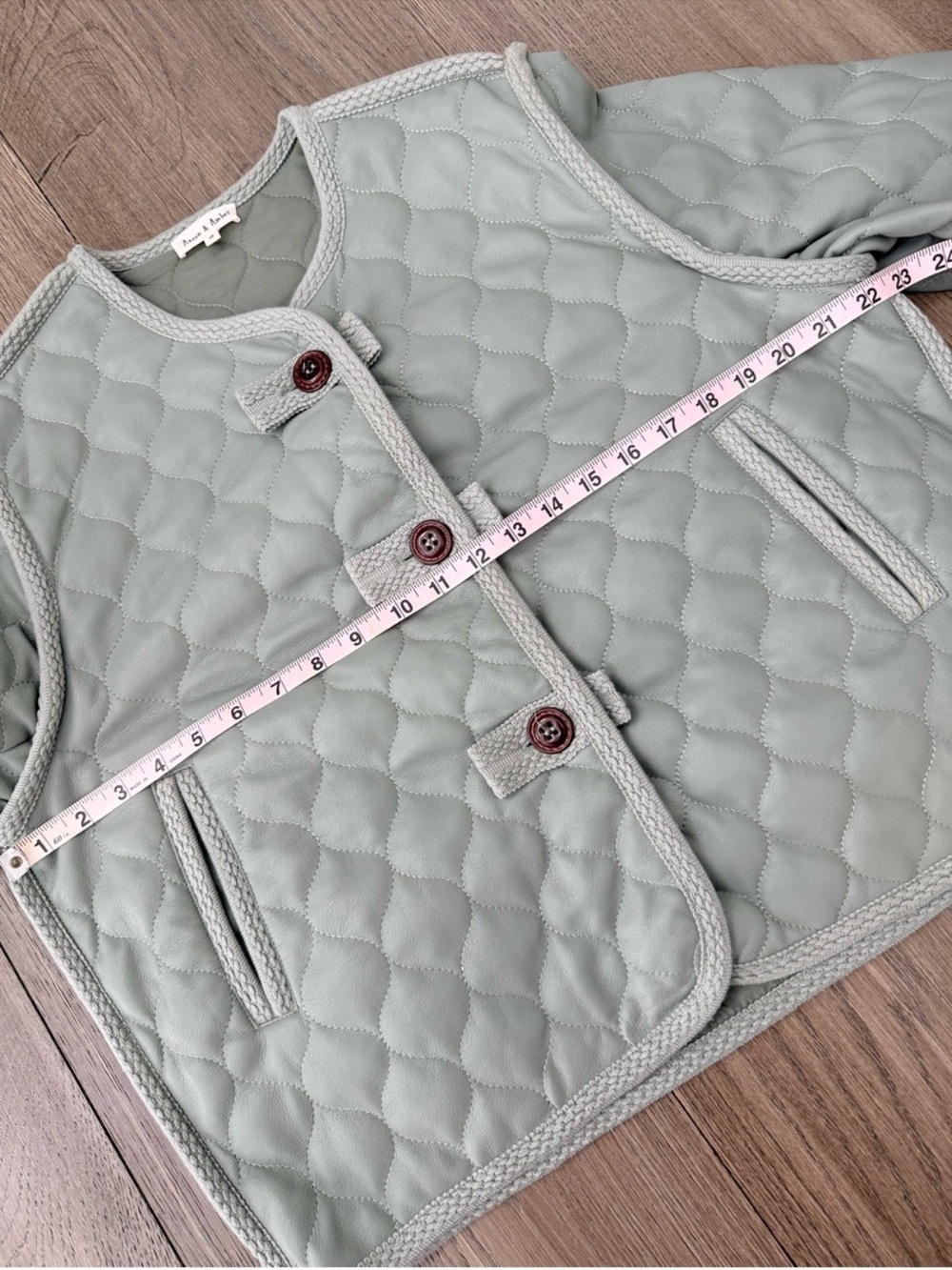 Aaron & Amber Quilted Faux Leather Oversized Collarless Jacket Green Small - Picture 11 of 13